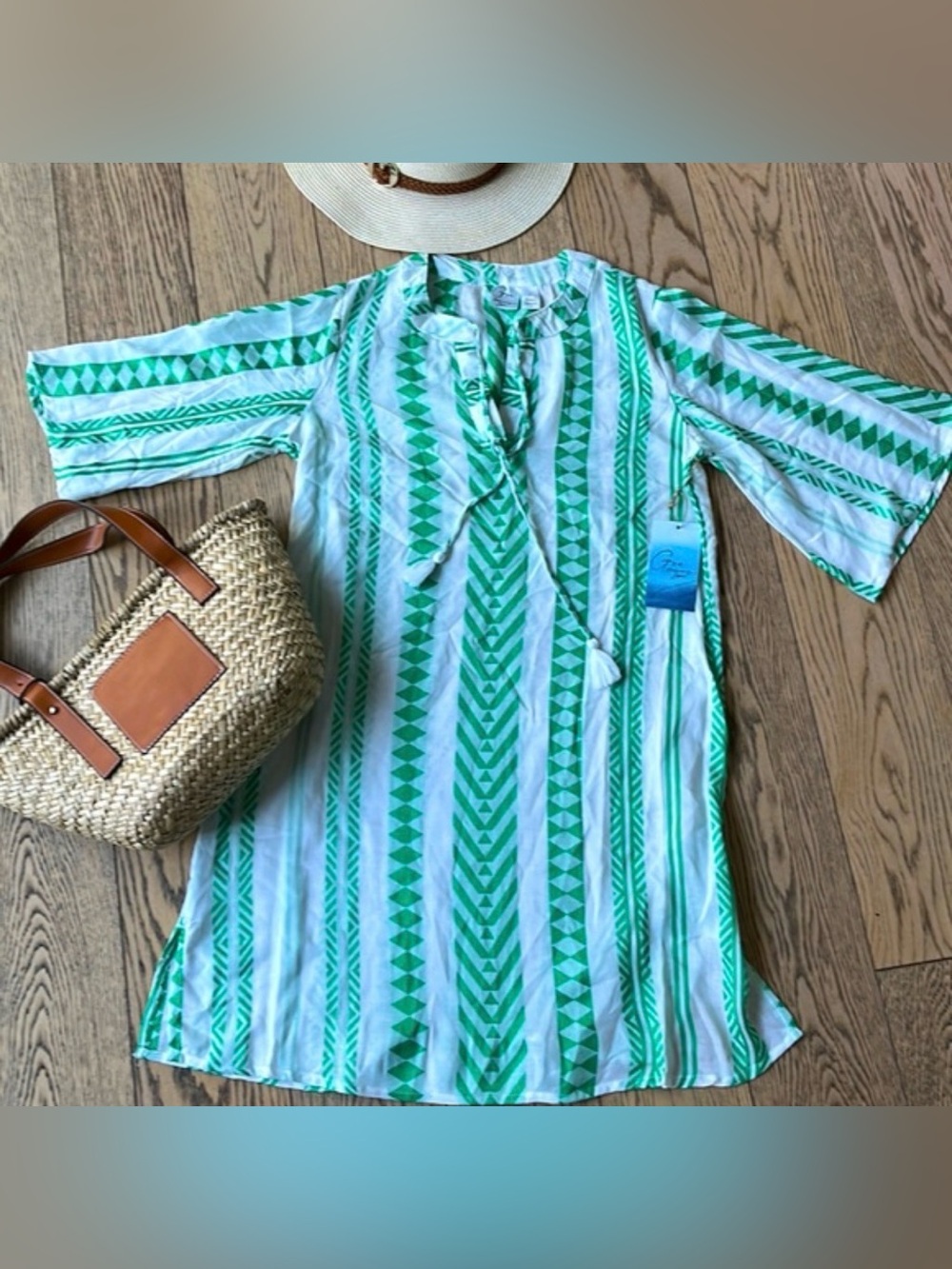 Green Striped Tunic Dress with Tassel Tie - Goa Beach Brand - Picture 1 of 2